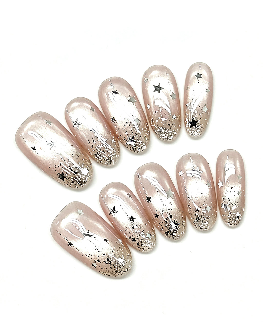 Celestial Star Press On Nails - Sheer Shimmer Nude Almond Nails with Starburst Art