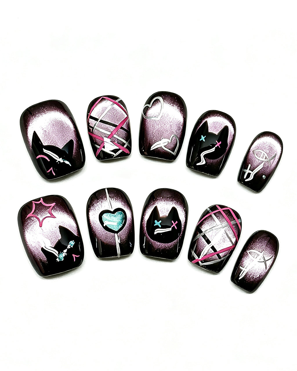 Black Framed Purple Cat-Eye Nails | Handcrafted