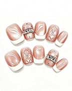 Coquette Glamour | Rose Nude Cat-Eye with 3D Ribbon & Quilted Lattice Nails
