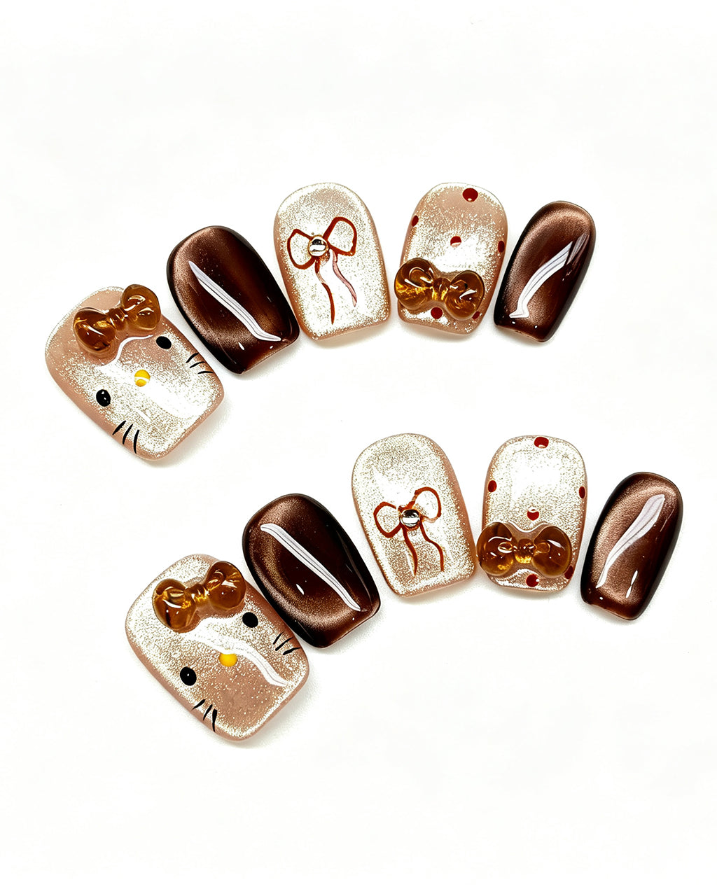Caramel Brown Cat Eye Press On Nails - 3D Amber Bow Short Square Nails