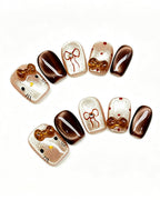 Caramel Brown Cat Eye Press On Nails - 3D Amber Bow Short Square Nails
