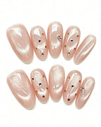 Champagne Dew | Handcrafted Blush Cat-Eye & Golden Polka Dot Press-On Nails