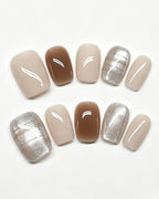 Caramel Latte | Handcrafted Caramel Brown & Silver Cat-Eye Press-On Nails