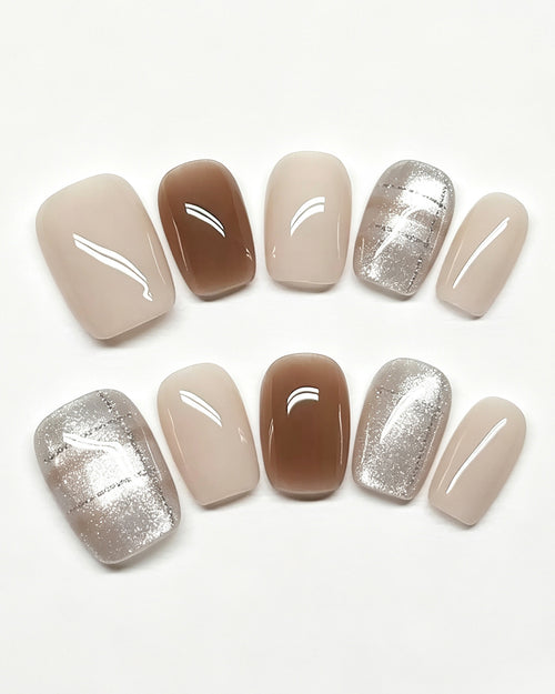 Caramel Latte | Handcrafted Caramel Brown & Silver Cat-Eye Press-On Nails