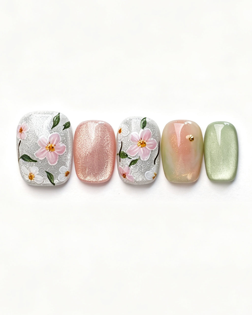 Jasmine Peach | Hand-Painted Floral & Cat Eye Press-On Nails
