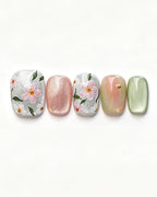 Jasmine Peach | Hand-Painted Floral & Cat Eye Press-On Nails