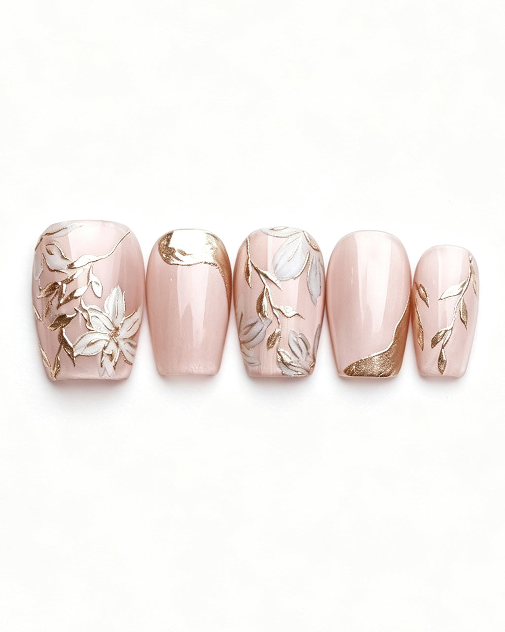 Ice Flower | Handcrafted Magnolia & Metallic Gold French Press-On Nails