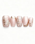 Ice Flower | Handcrafted Magnolia & Metallic Gold French Press-On Nails
