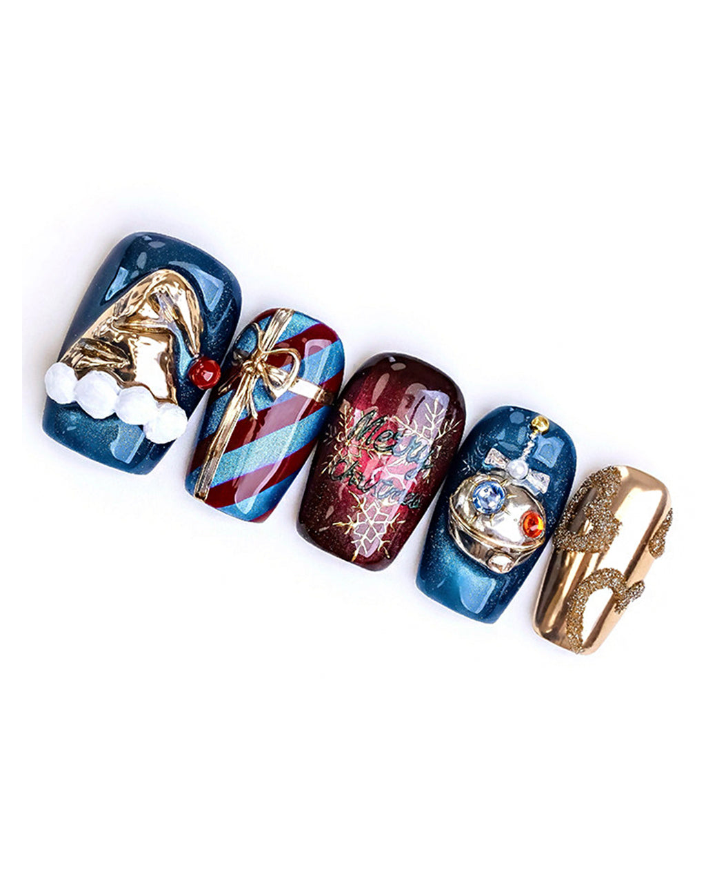 Christmas Fantasy | Handcrafted Navy Cat-Eye & 3D Holiday Press-On Nails