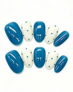 Teal Blue & Polka Dot Press On Nails - Medium Oval Glossy