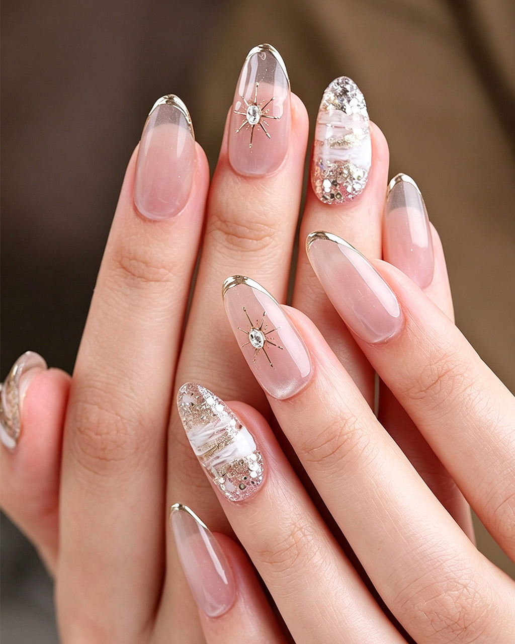 Star Trail | 100% Handcrafted Metallic French & Starburst Press-On Nails