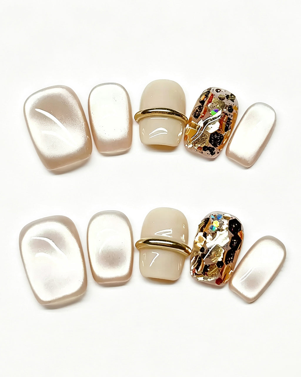 Soft & Versatile | Handcrafted Pearl Cat-Eye & 3D Gold Accent Press-On Nails
