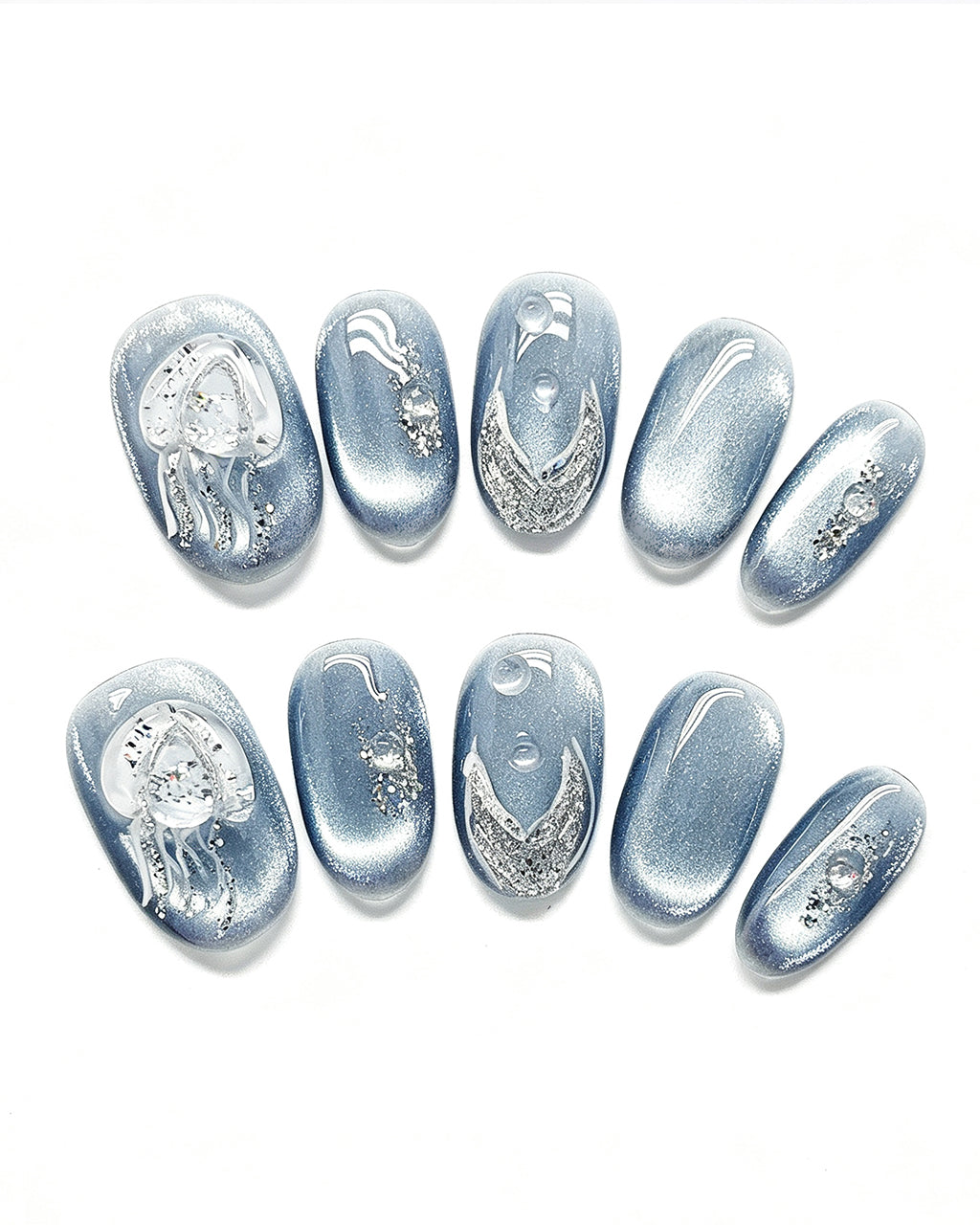 Steel Blue Cat-Eye Dewdrop Press-On Nails | Handcrafted