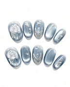 Steel Blue Cat-Eye Dewdrop Press-On Nails | Handcrafted