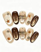 Mocha Cat-Eye Crystal Band Press-On Nails | Handmade
