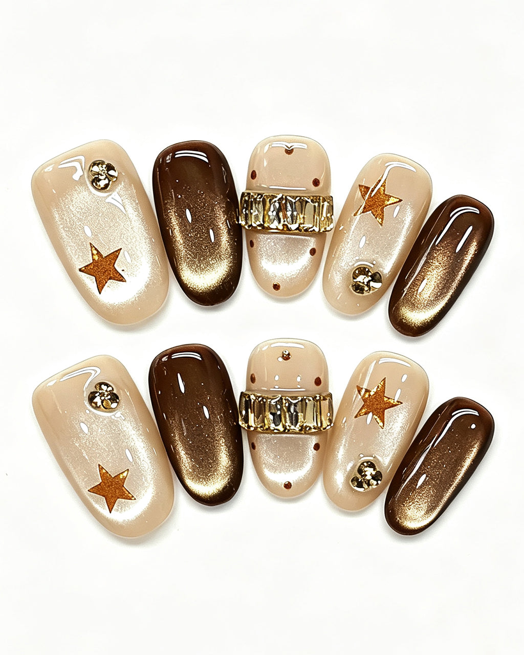Mocha Cat-Eye Crystal Band Press-On Nails | Handmade