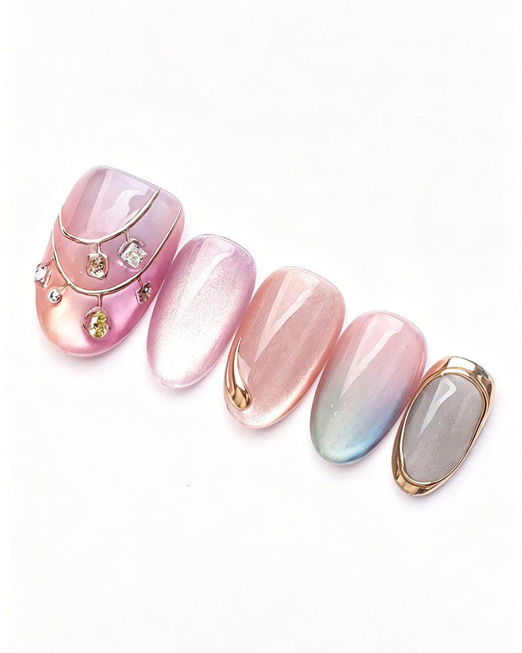 Rhythmic Light | Handcrafted Pink Aurora & Metallic Line Press-On Nails