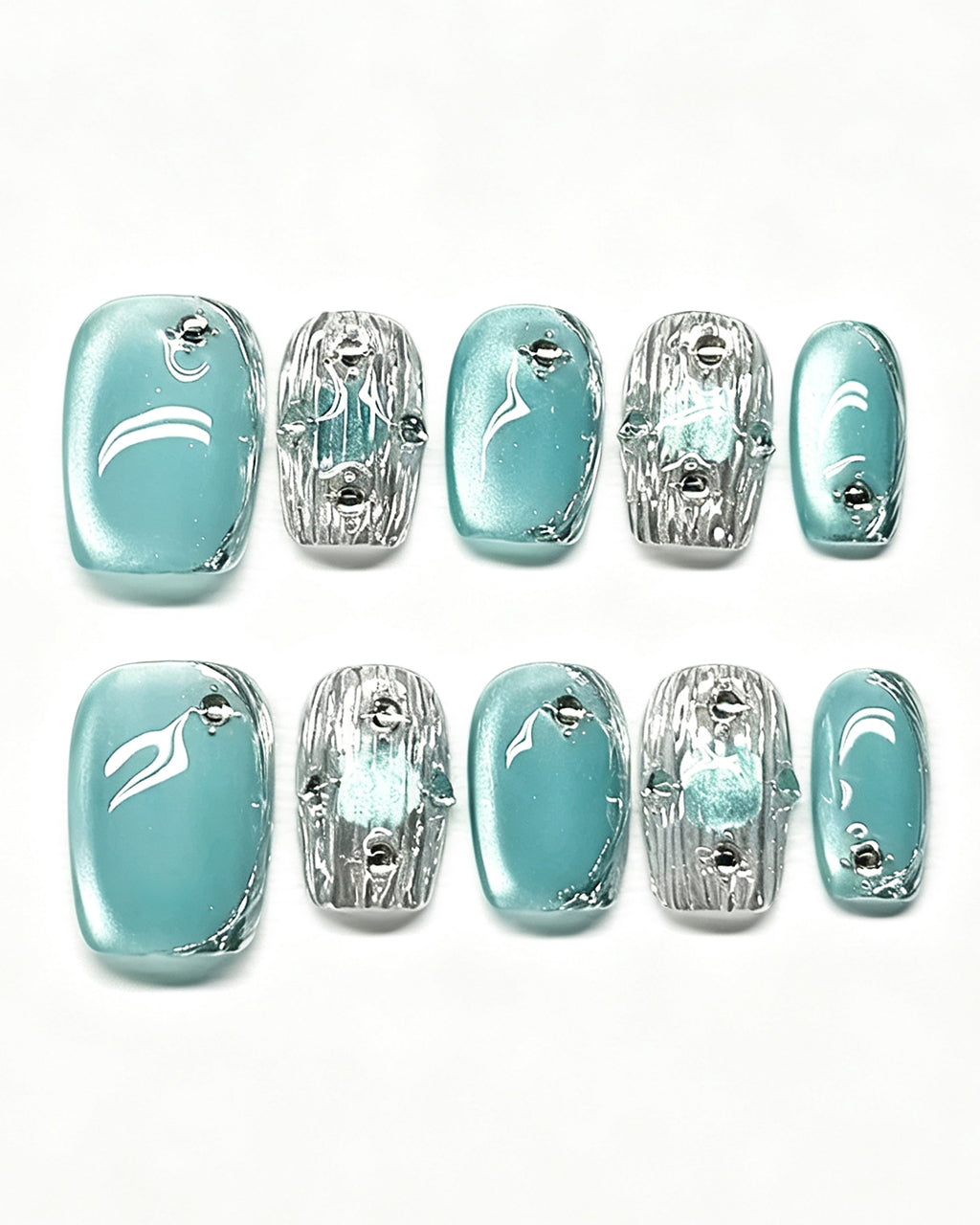 Mint Mirage | Handcrafted Mint Green Cat-Eye & 3D Silver Press-On Nails