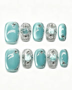 Mint Mirage | Handcrafted Mint Green Cat-Eye & 3D Silver Press-On Nails