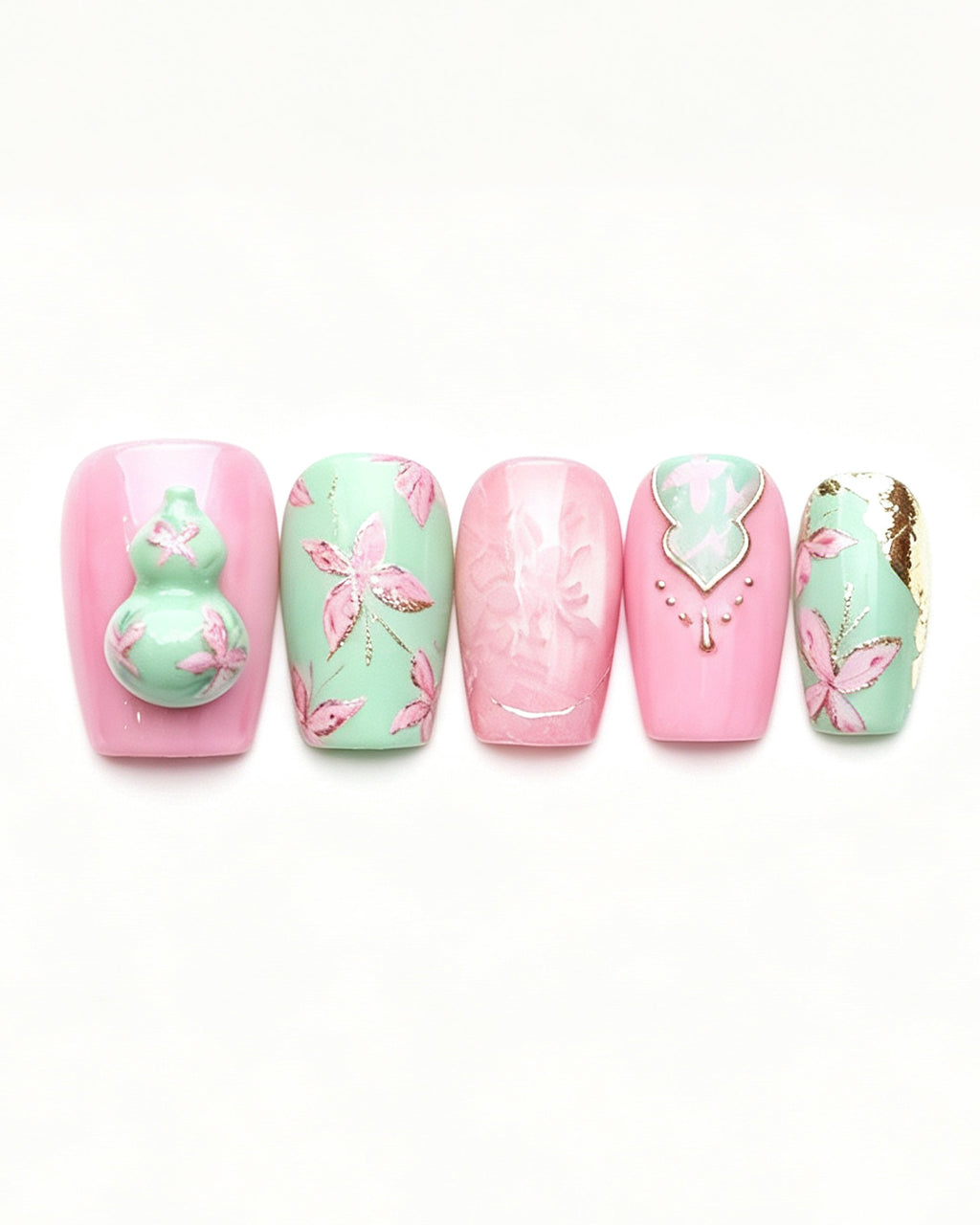 Blessing & Prosperity | Handcrafted Spinning Jade Gourd & Butterfly Press-On Nails