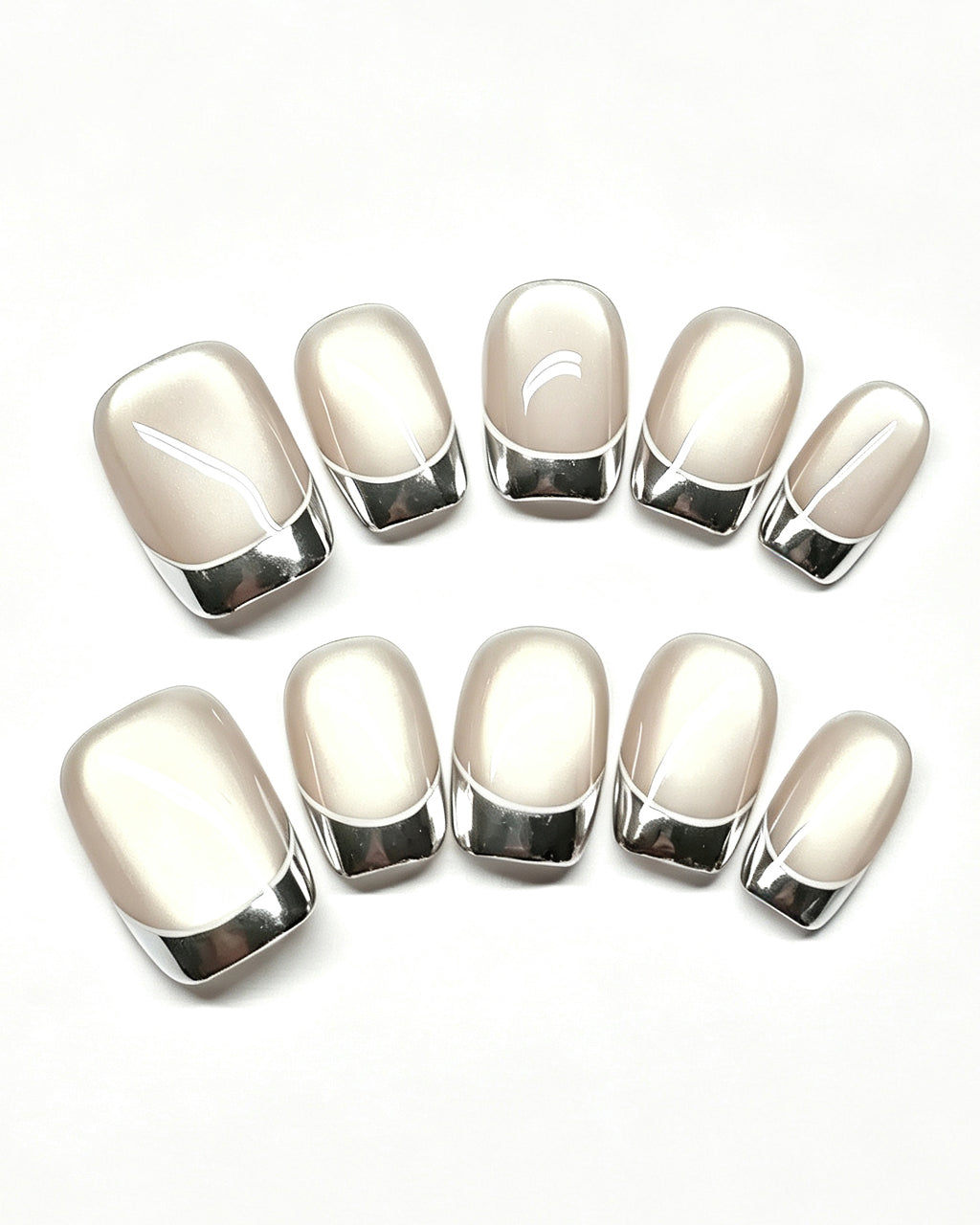 Dewy Cat-Eye | Handcrafted Silver Chrome French Tip Press-On Nails