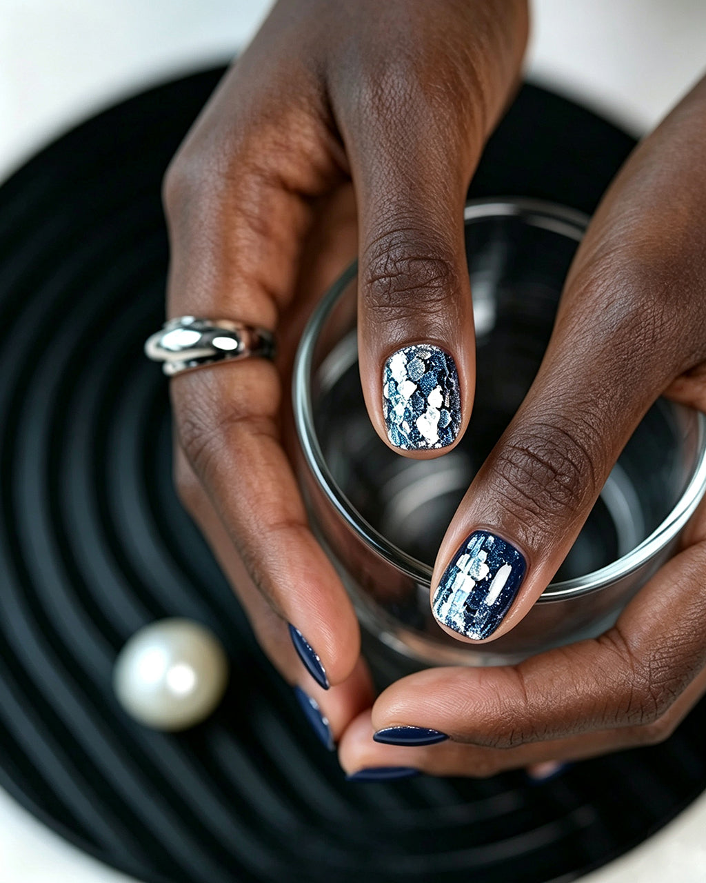 Blue Ocean | Handcrafted Navy Cat-Eye & Silver Flake Press-On Nails