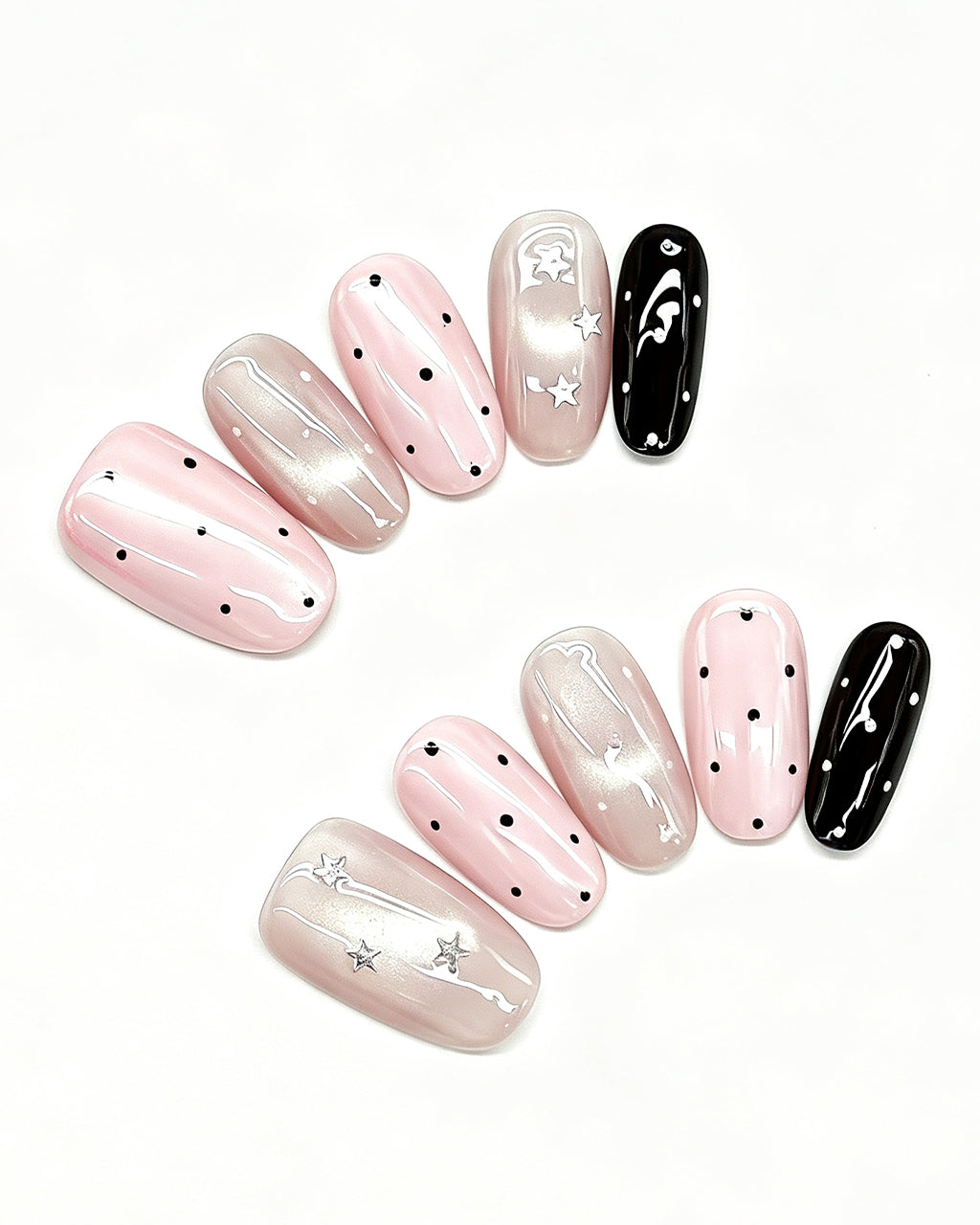 Parisian Girl | Pink & Black Polka Dot Handmade Press-On Nails