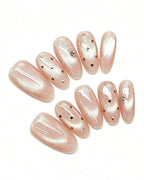Champagne Dew | Handcrafted Blush Cat-Eye & Golden Polka Dot Press-On Nails