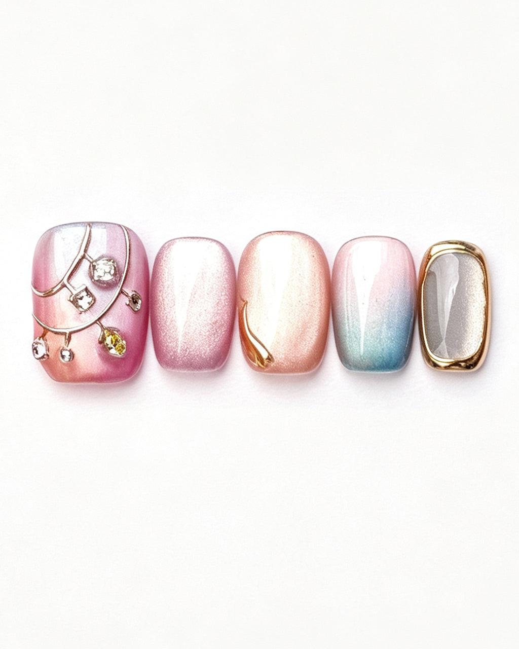 Rhythmic Light | Handcrafted Pink Aurora & Metallic Line Press-On Nails