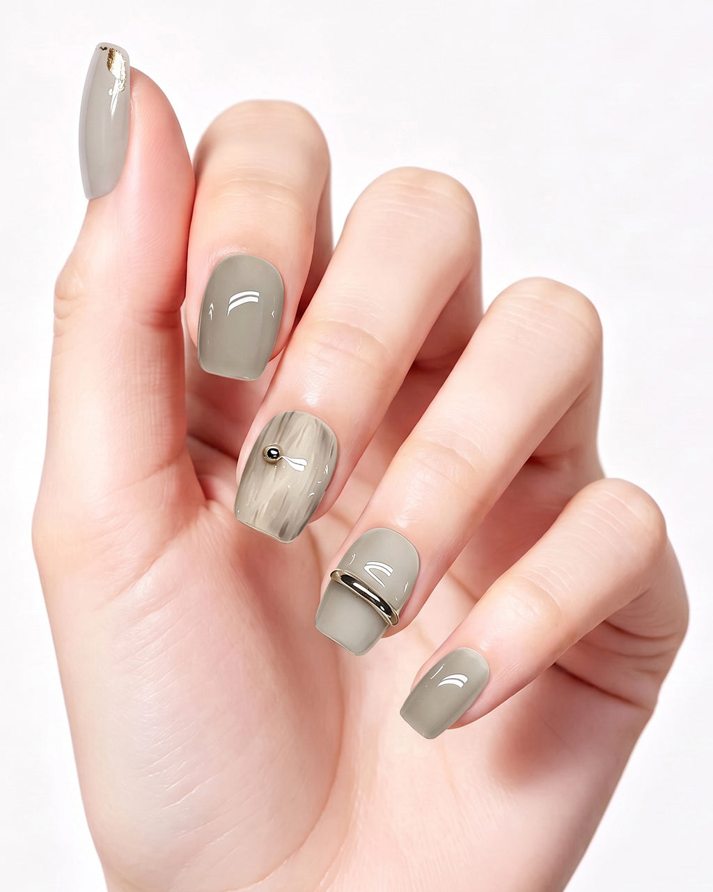 Minimalist Gray | Handcrafted Misty Taupe & Metallic Accent Press-On Nails
