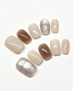 Caramel Latte | Handcrafted Caramel Brown & Silver Cat-Eye Press-On Nails