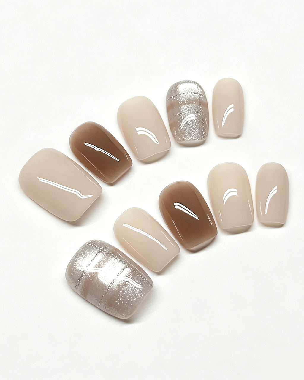 Caramel Latte | Handcrafted Caramel Brown & Silver Cat-Eye Press-On Nails