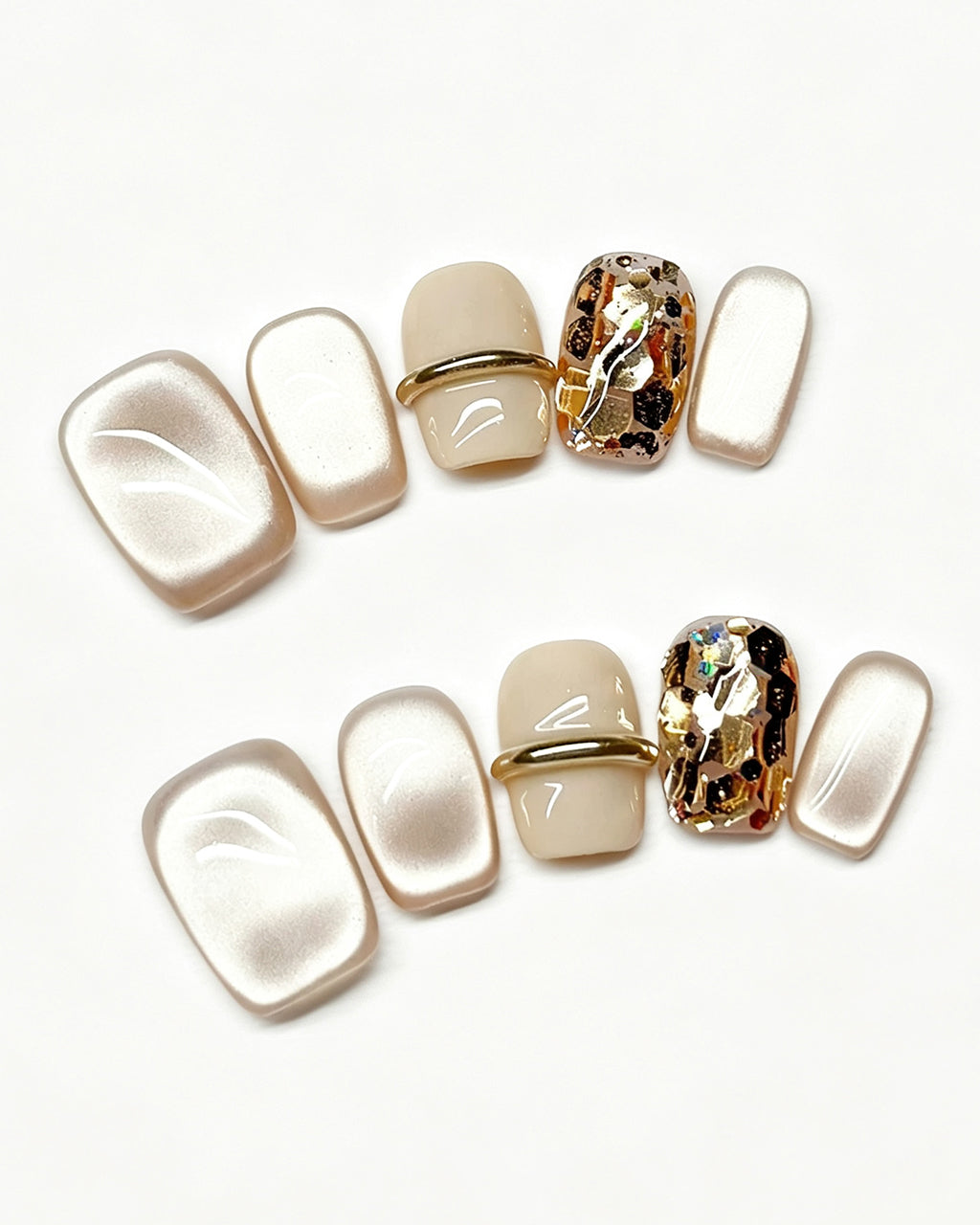 Soft & Versatile | Handcrafted Pearl Cat-Eye & 3D Gold Accent Press-On Nails