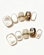 Soft & Versatile | Handcrafted Pearl Cat-Eye & 3D Gold Accent Press-On Nails