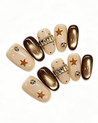 Mocha Cat-Eye Crystal Band Press-On Nails | Handmade
