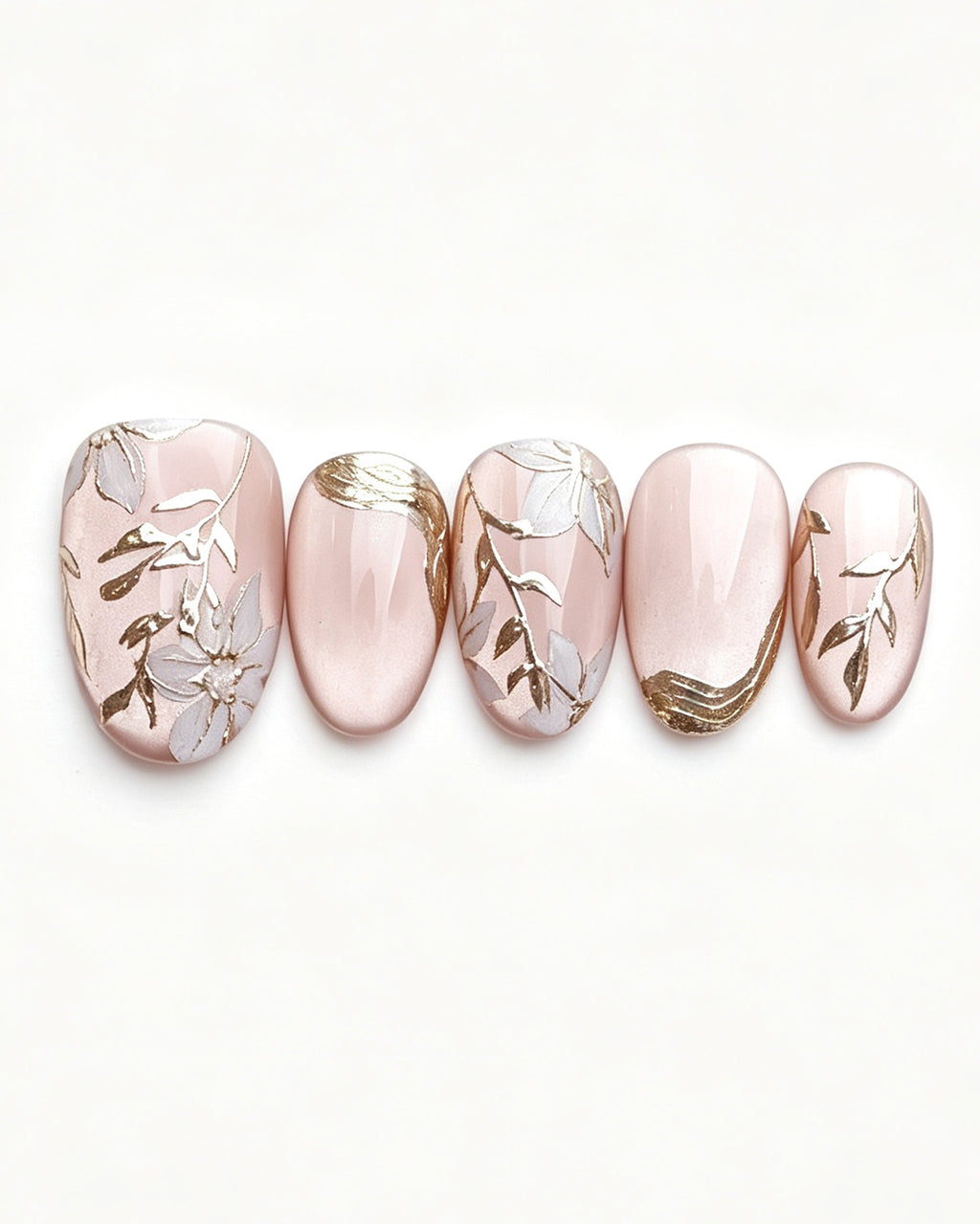 Ice Flower | Handcrafted Magnolia & Metallic Gold French Press-On Nails