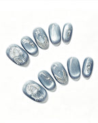 Steel Blue Cat-Eye Dewdrop Press-On Nails | Handcrafted