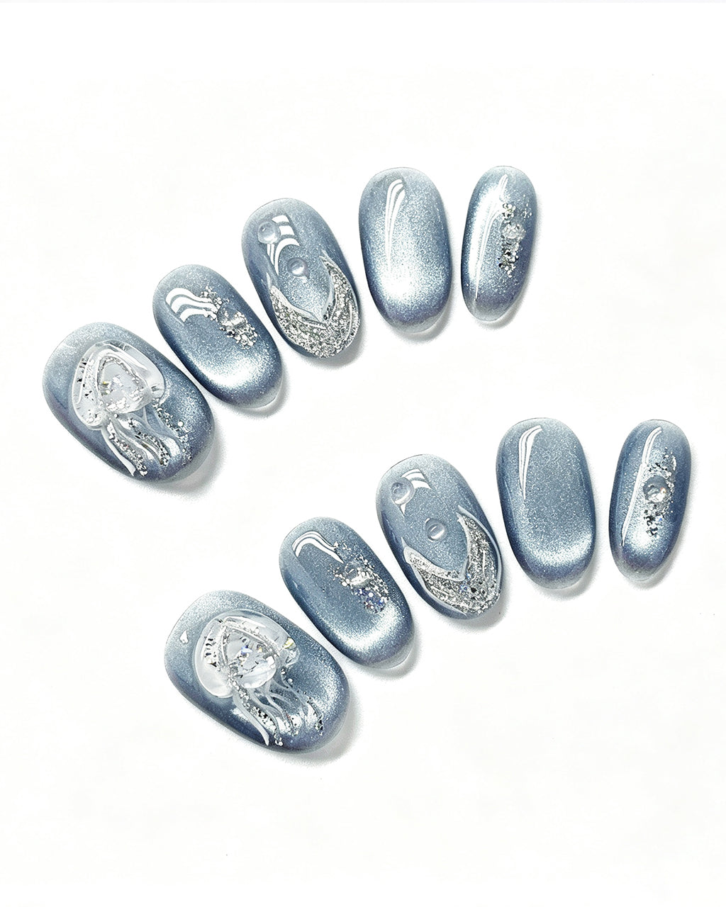 Steel Blue Cat-Eye Dewdrop Press-On Nails | Handcrafted