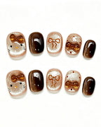 Caramel Brown Cat Eye Press On Nails - 3D Amber Bow Short Square Nails
