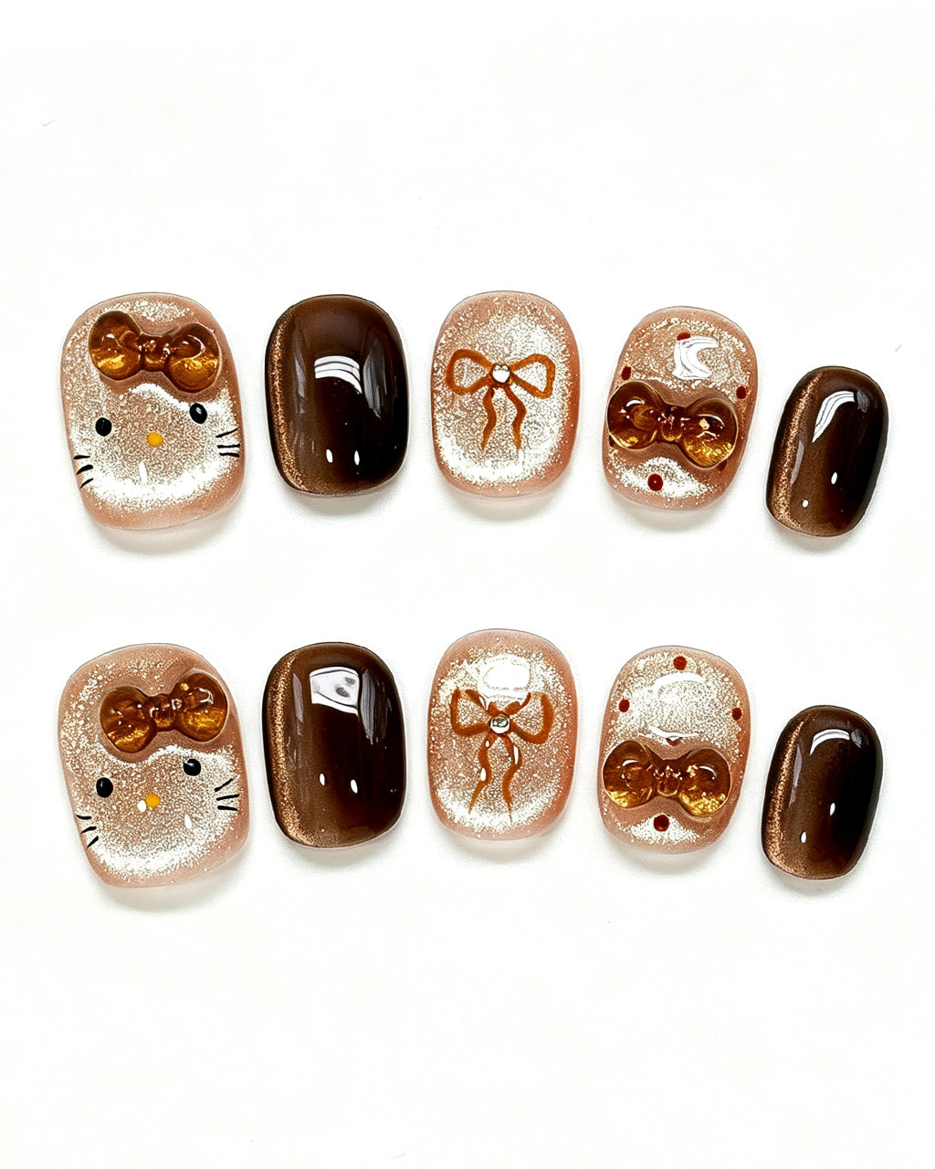 Caramel Brown Cat Eye Press On Nails - 3D Amber Bow Short Square Nails