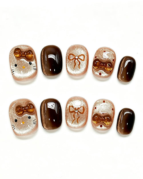 Caramel Brown Cat Eye Press On Nails - 3D Amber Bow Short Square Nails