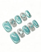 Mint Mirage | Handcrafted Mint Green Cat-Eye & 3D Silver Press-On Nails