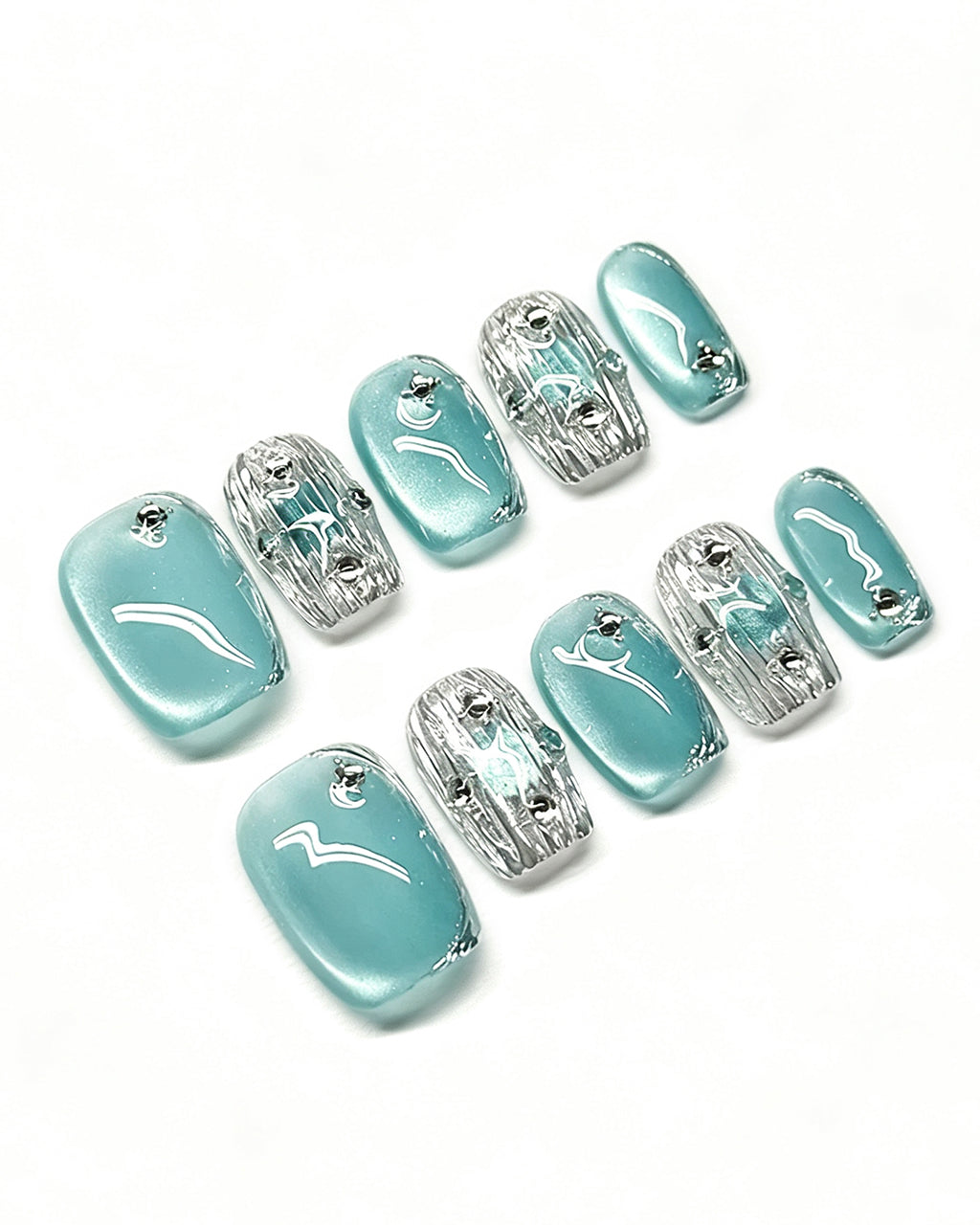 Mint Mirage | Handcrafted Mint Green Cat-Eye & 3D Silver Press-On Nails