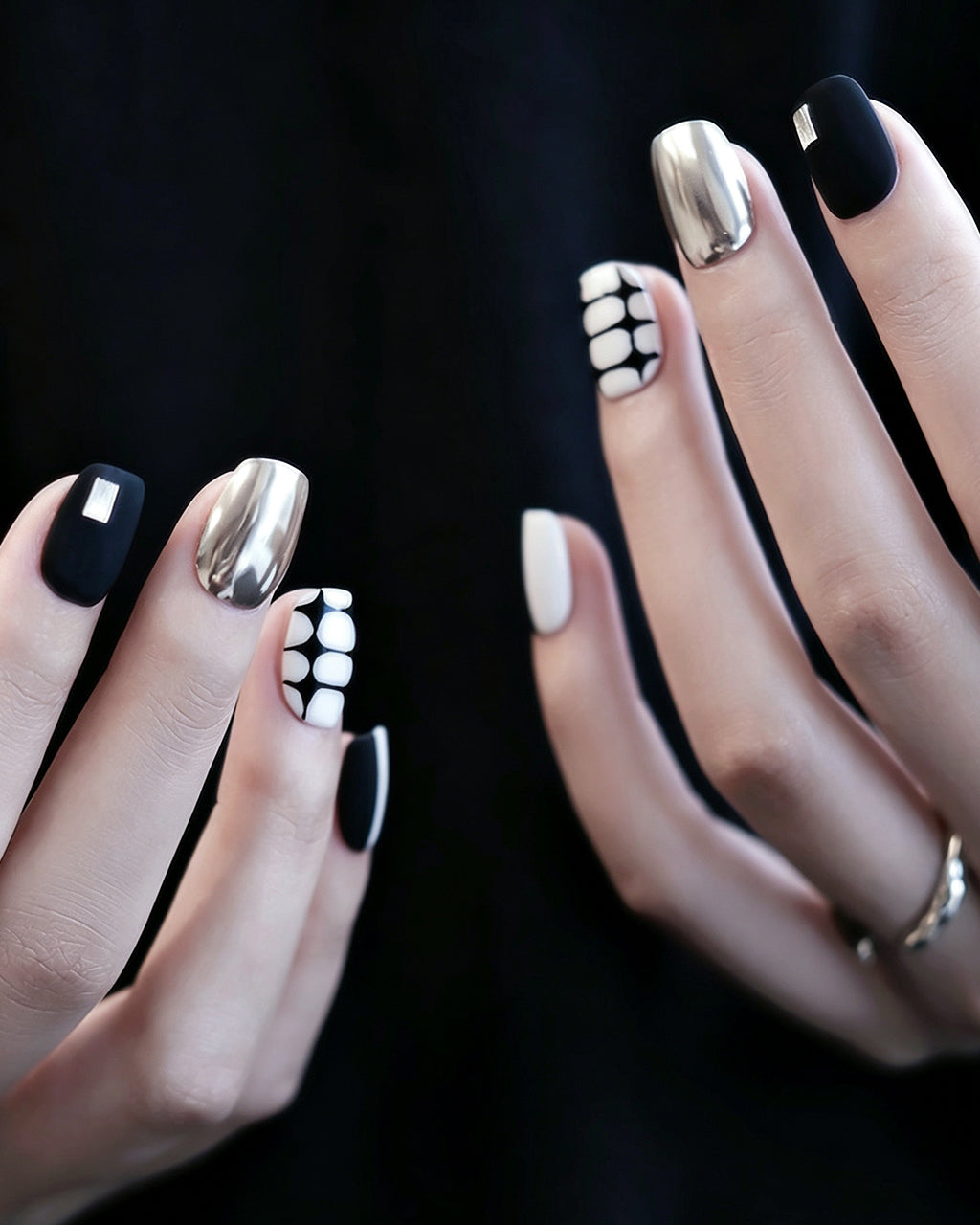 Black and White Tweed Press On Nails - Vintage Plaid & Gold Short Square Nails