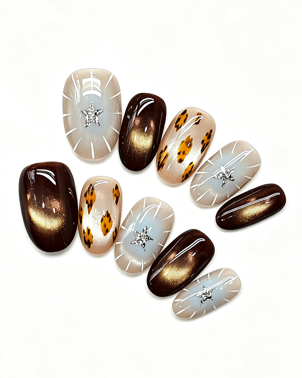 Mocha Starlight | Handcrafted Espresso Cat-Eye & Celestial Starburst Press-On Nails