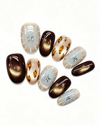 Mocha Starlight | Handcrafted Espresso Cat-Eye & Celestial Starburst Press-On Nails
