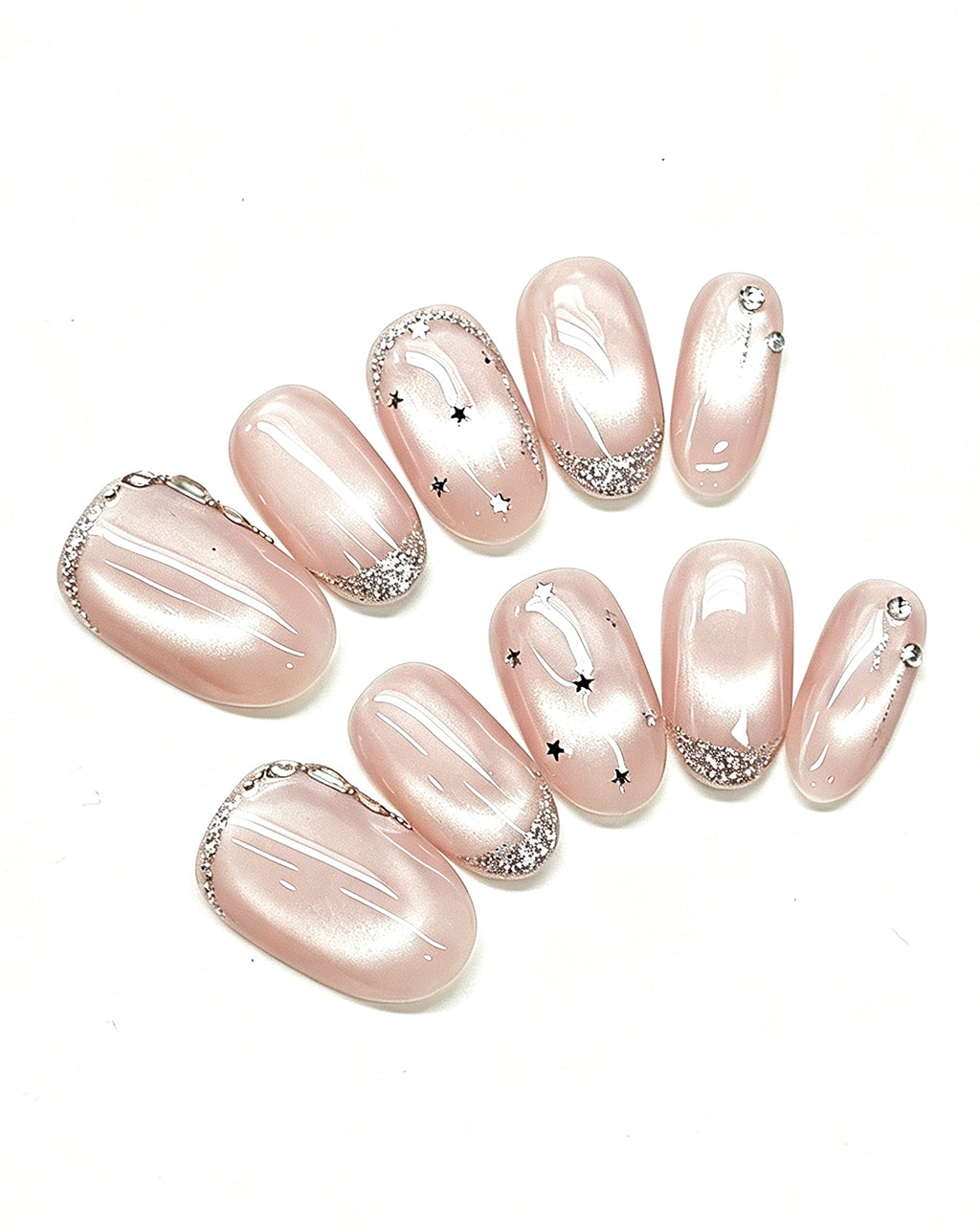 Handcrafted Celestial Stars & Nude Cat-Eye Press-On Nails