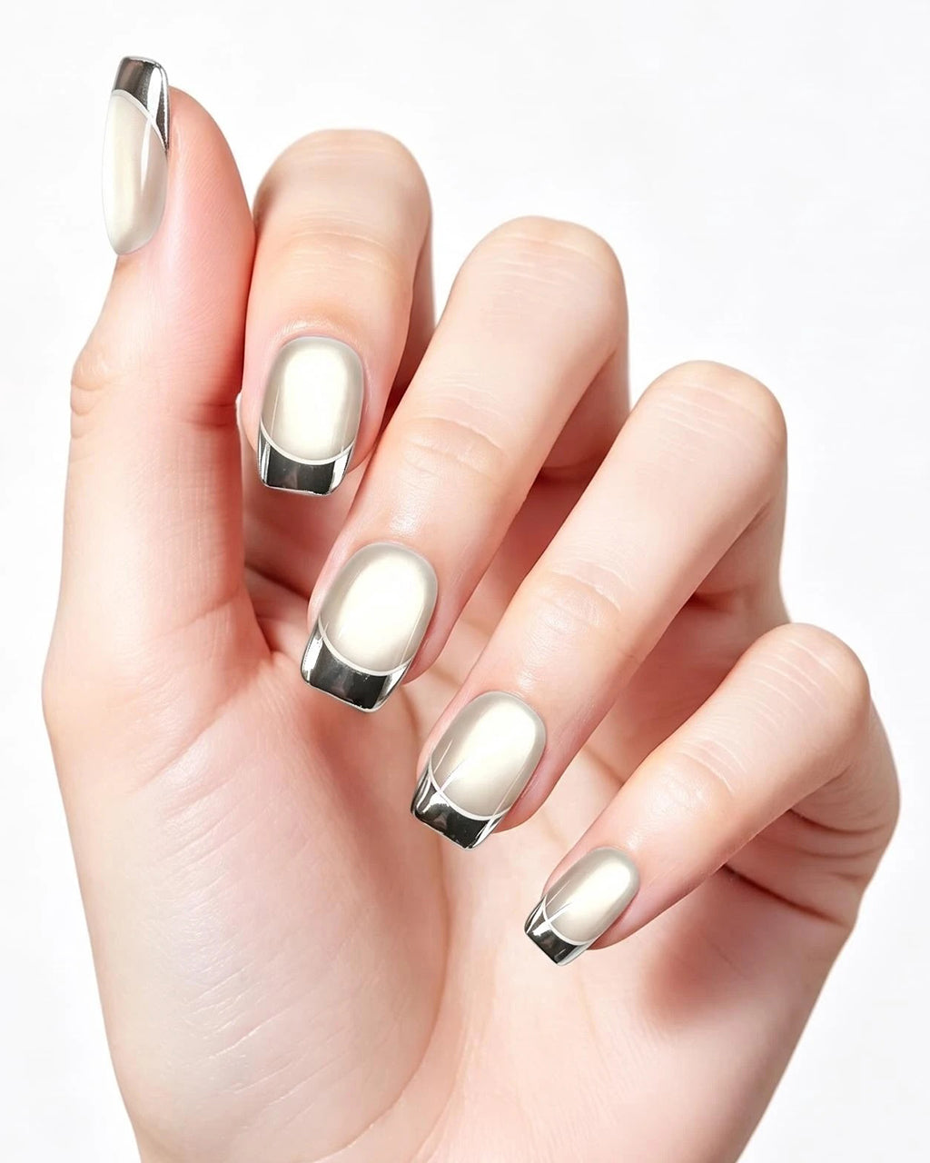 Dewy Cat-Eye | Handcrafted Silver Chrome French Tip Press-On Nails