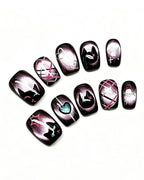 Black Framed Purple Cat-Eye Nails | Handcrafted