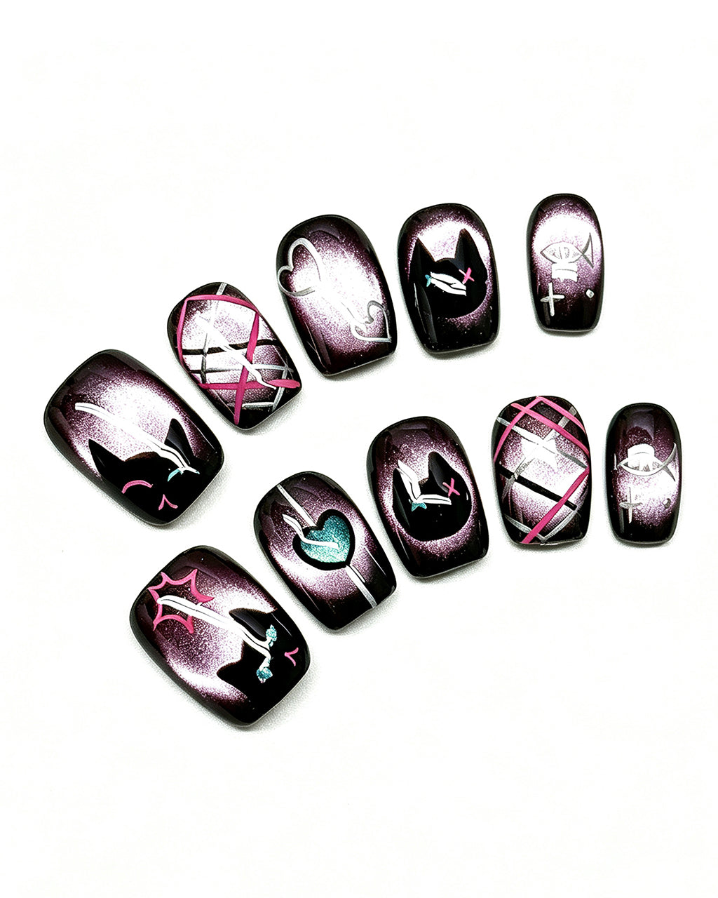 Black Framed Purple Cat-Eye Nails | Handcrafted